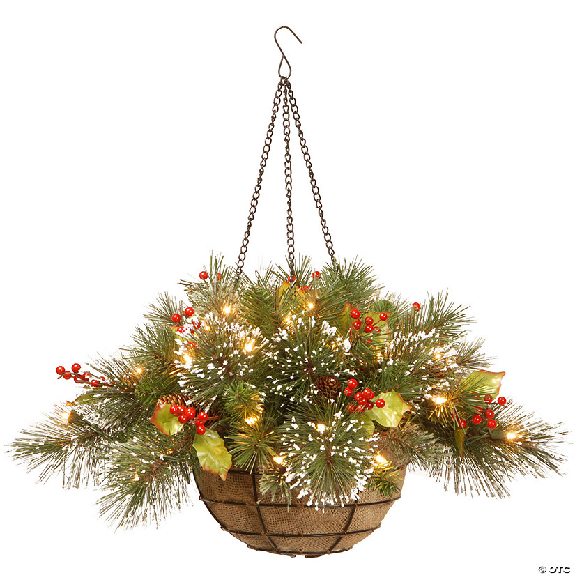 National Tree Company 20" Wintry Pine&#174; Hanging Basket with Battery Operated Warm White LED Lights Image