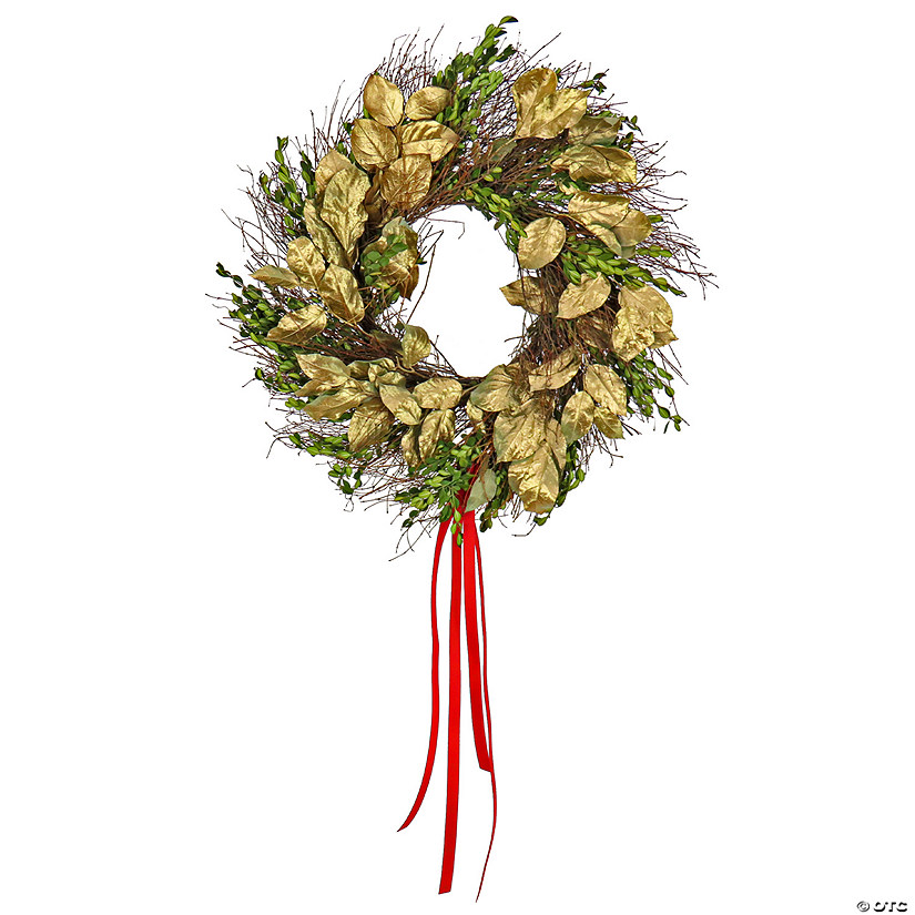 National Tree Company 22" Artificial Boxwood Holiday Christmas Wreath, Decorated with Gold Leaves, Leafy Greens, and Red Ribbons Image