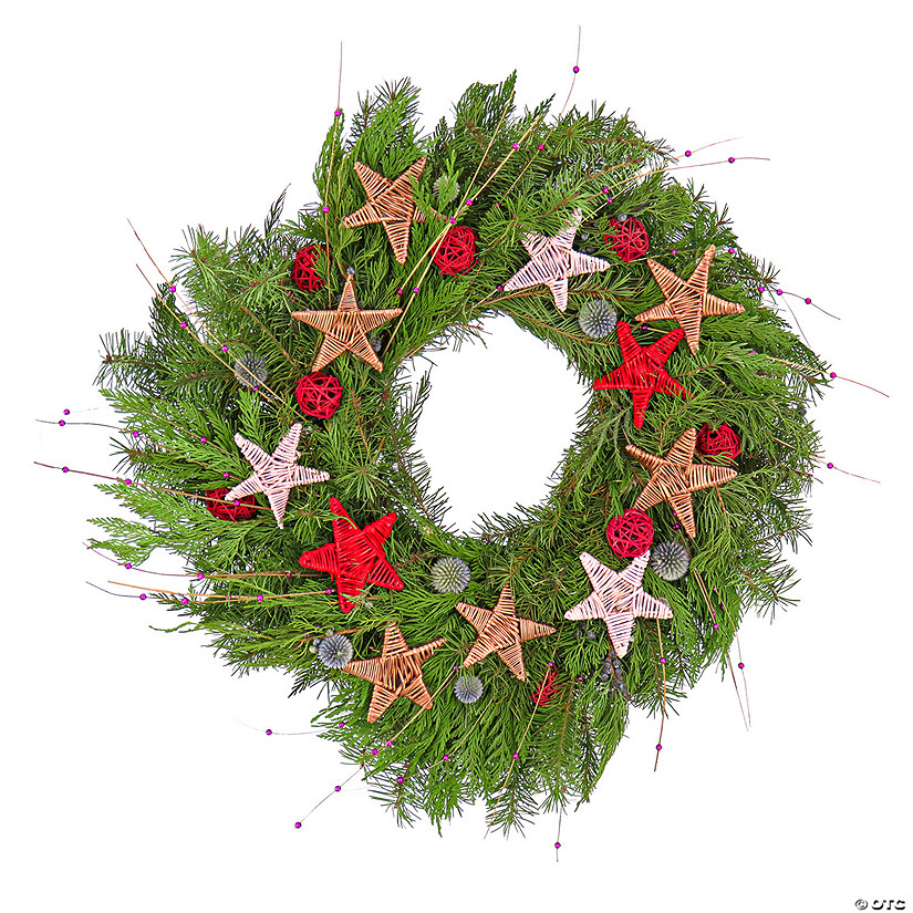 National Tree Company 22" Artificial Fresh Evergreen Branch Christmas Wreath, Cedar, Juniper, and Noble Fir Tips Decorated with Wicker Balls, Stars, Bamboo and Thistles Image