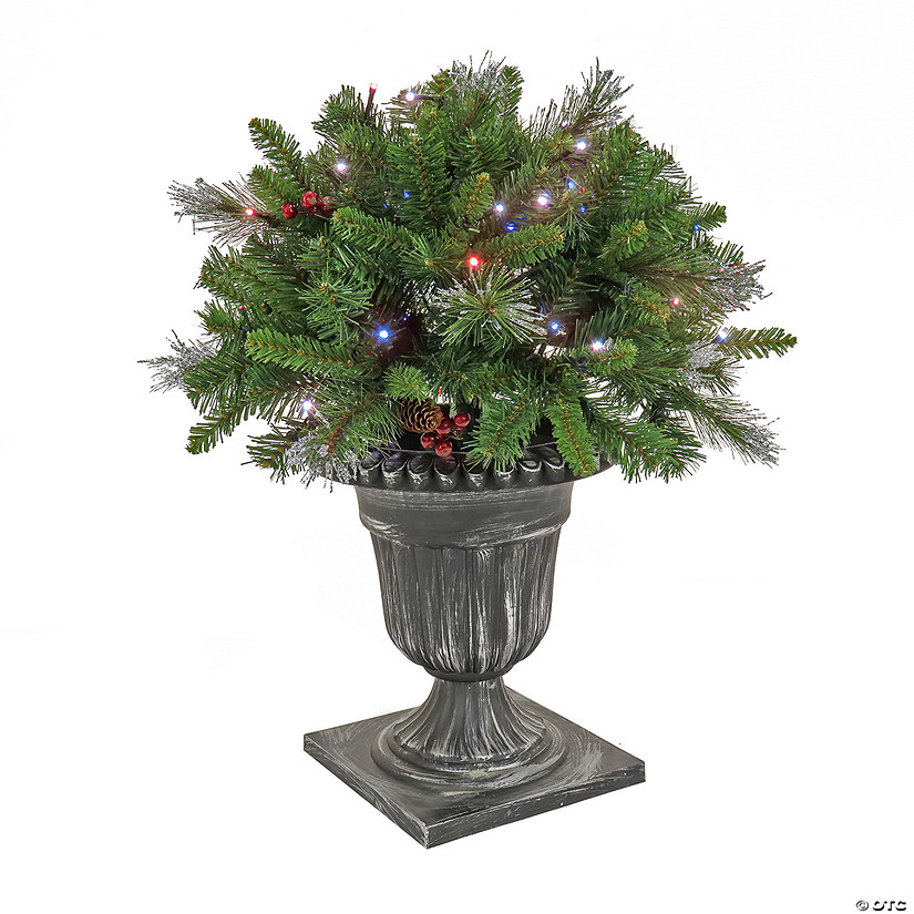National Tree Company 24" Artificial Crestwood Spruce Porch Bush in Gray Urn, Pre-Lit with White Twinkly LED Lights, Christmas Collection, Silver, Plug In Image
