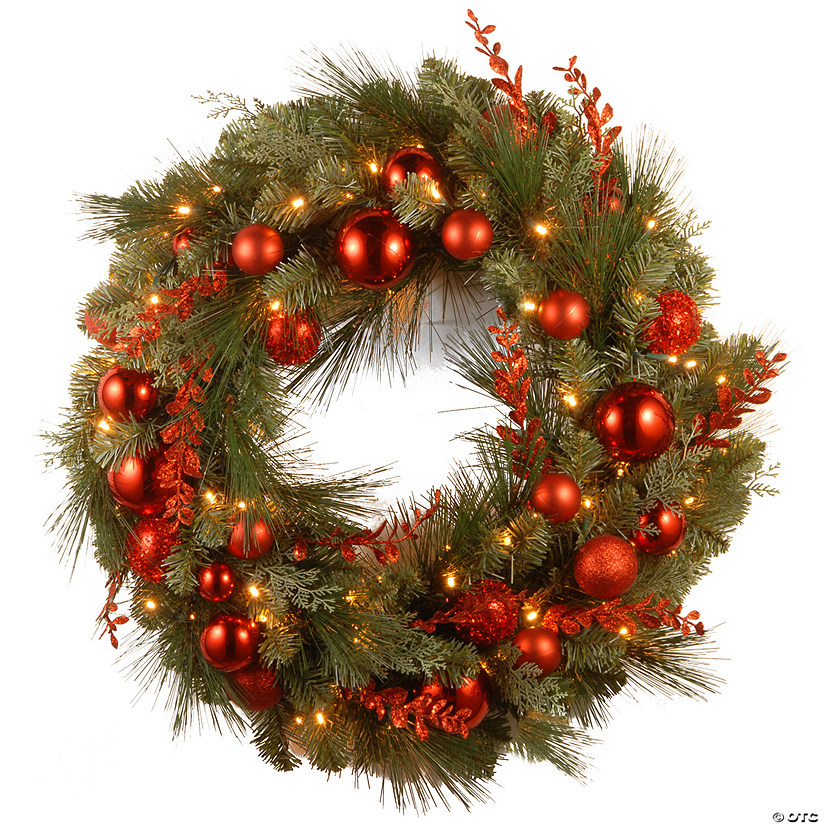 National Tree Company 24" Christmas Red Mixed Wreath with Battery Operated Warm White LED Lights Image