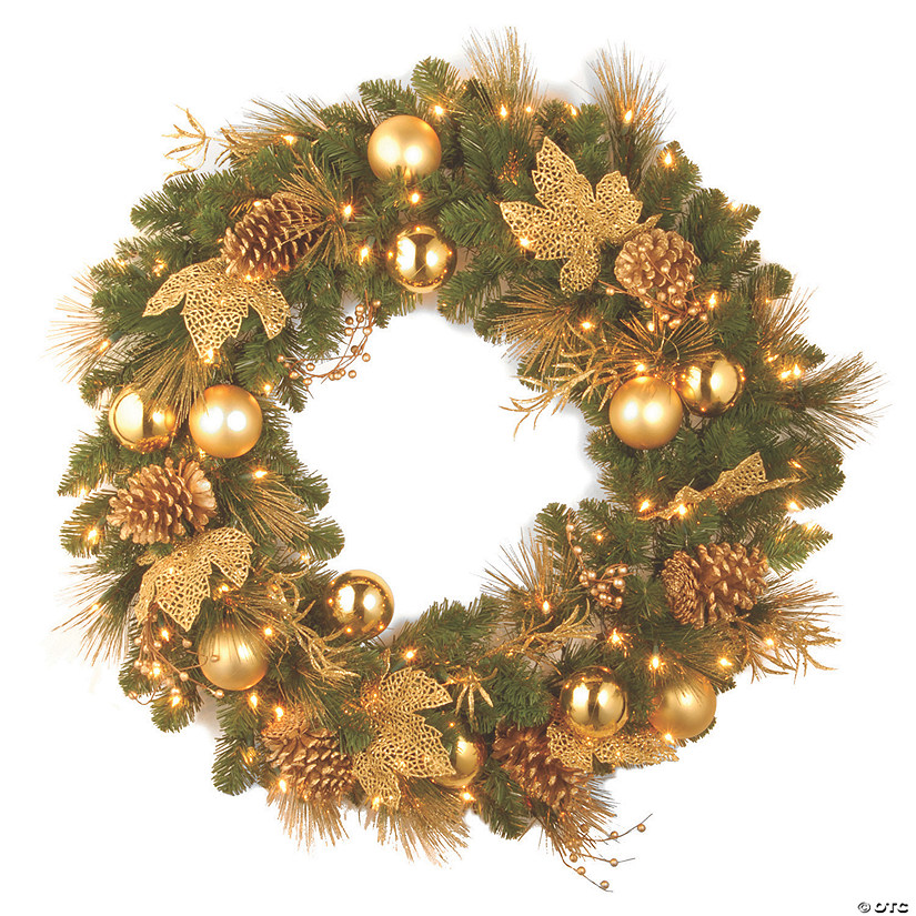 National Tree Company 24" Decorative Collection Elegance Spruce Wreath with Battery Operated Warm White LED Lights Image