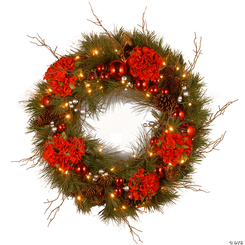 National Tree Company 24" Hydrangea Wreath with Battery Operated Warm White LED Lights Image