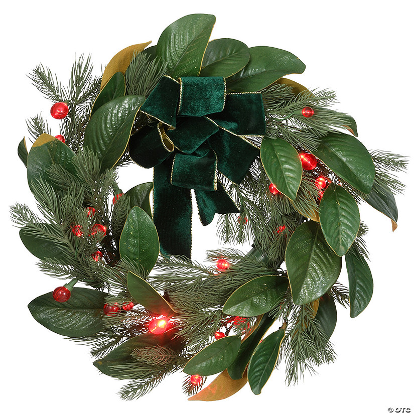National Tree Company 24" Magnolia Mix Pine Wreath with LED Lights and Bow Image