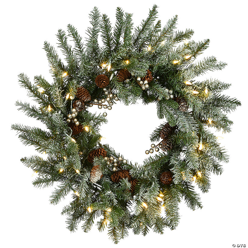 National Tree Company 24" Pre-Lit Artificial Christmas Wreath, Snowy Morgan Spruce with Twinkly LED Lights, Plug in Image
