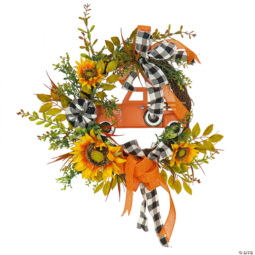 National Tree Company 26 in. Harvest Country Car and Sunflowers Wreath Image