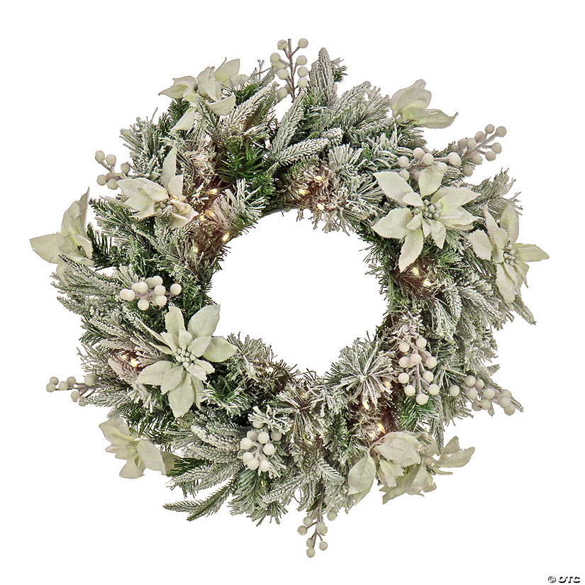 National Tree Company 26" Pre-Lit Artificial Christmas Wreath, Frosted Colonial, White LED Lights, Battery Powered Image