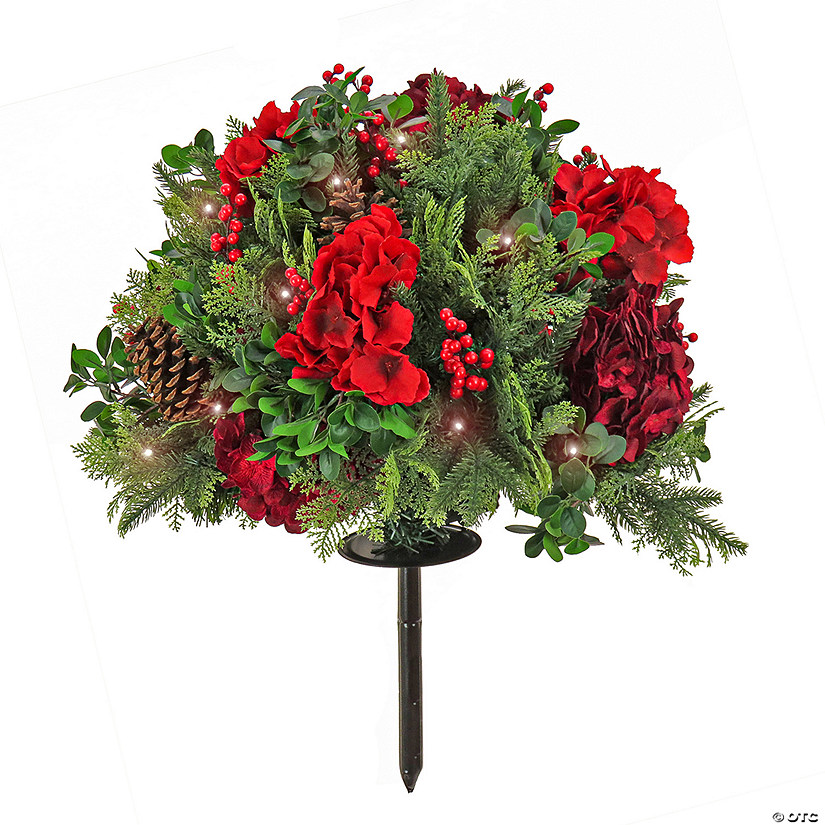 National Tree Company 28" Pre Lit Artificial Urn Filler, Vienna Waltz, Decorated with Red Flower Blooms, Red Berry Clusters, Pine Cones, Warm White LED Lights, Battery Powered, Christmas Collection Image