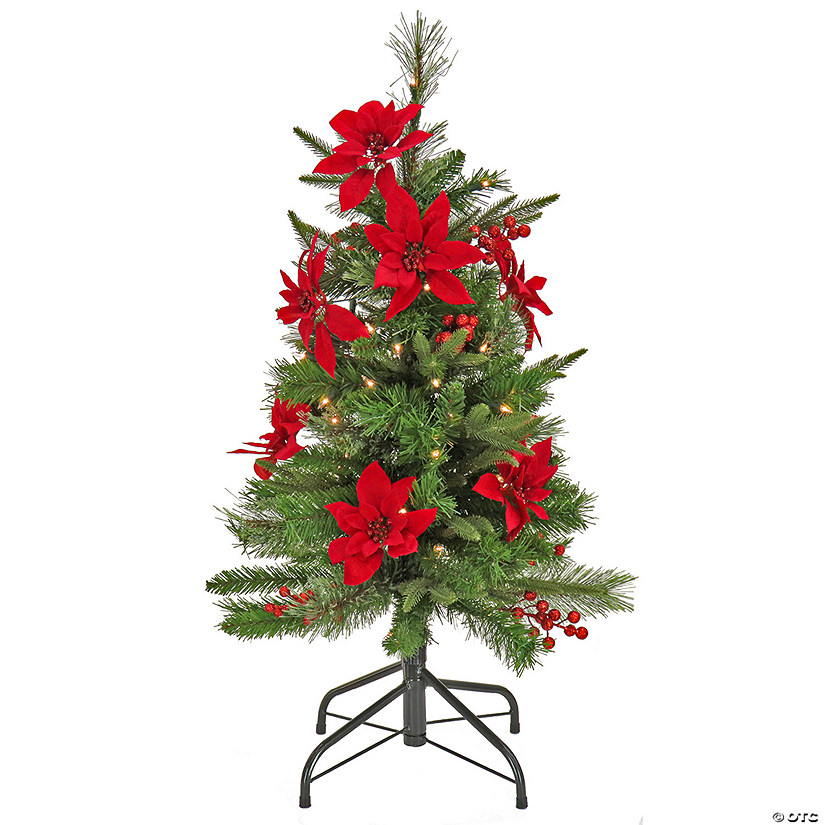 National Tree Company 3 ft. Artificial Colonial Pencil Slim Hinged Christmas Tree with Berries and Poinsettia Flowers, Pre-Lit with Clear Incandescent Lights, Plug In Image