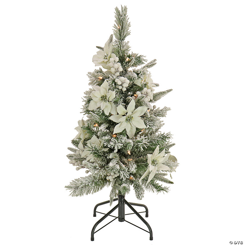 National Tree Company 3 ft. Artificial Frosted Colonial Pencil Slim Hinged Christmas Tree with Berries and Poinsettia Flowers, Pre-Lit with Clear Incandescent Lights, Plug In Image