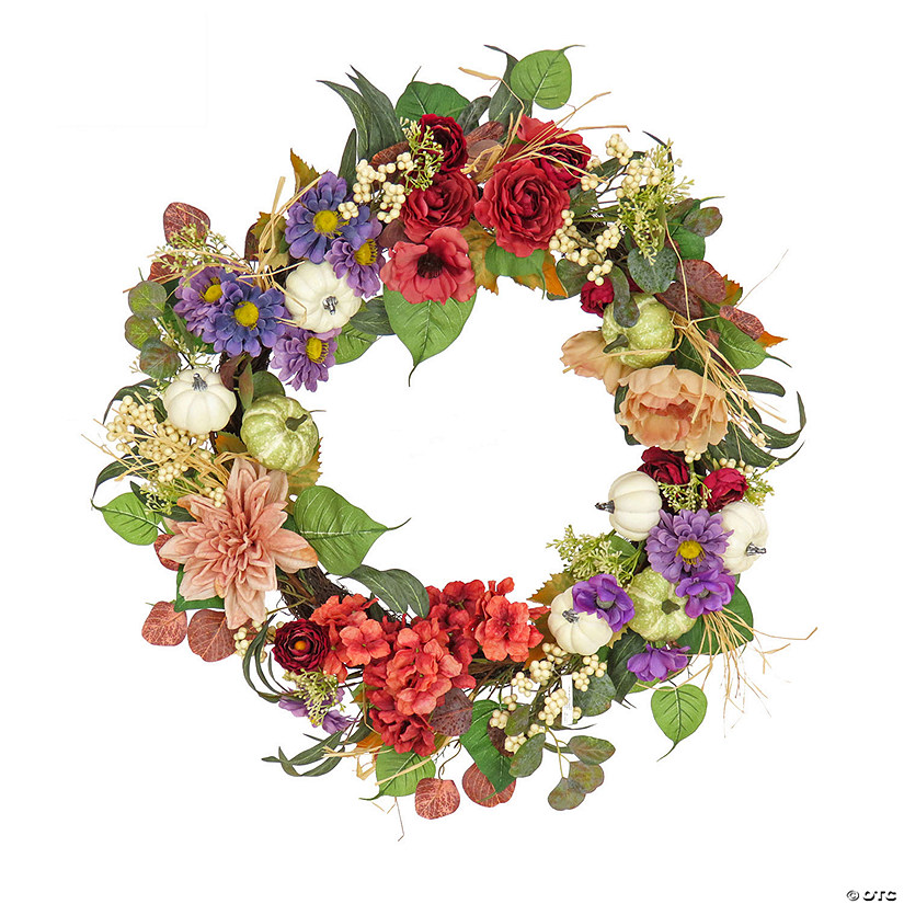 National Tree Company 30 in. Harvest Serenity Floral and Pumpkins Wreath Image