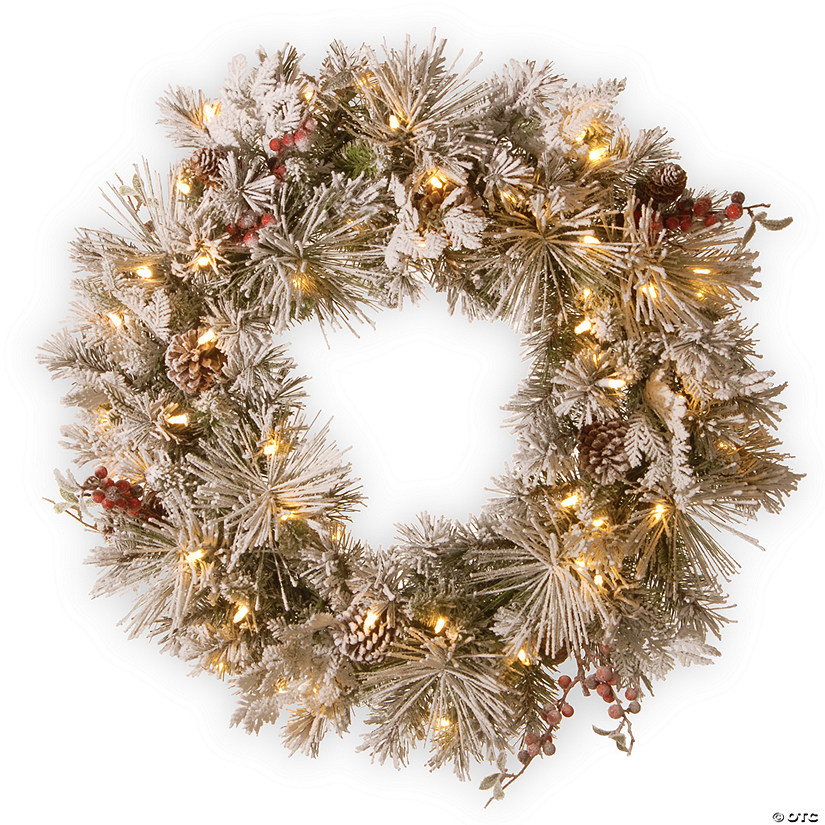 National Tree Company 30" Snowy Bedford Pine Wreath with Battery Operated LED Lights Image