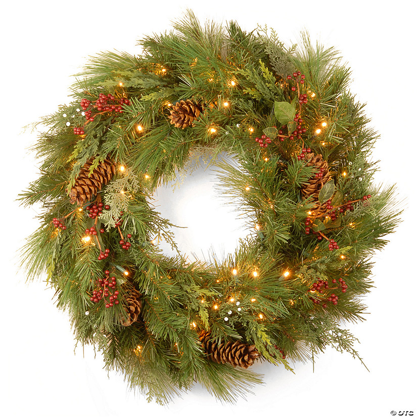 National Tree Company 30" White Pine Wreath with Battery Operated Warm White LED Lights Image