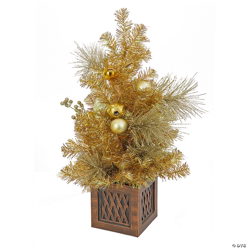 National Tree Company, 36" Christmas Be Merry Decorated Gold Table Top Tree in Pot, 35 Warm White LED Lights- Battery Operated with Remote Control Image