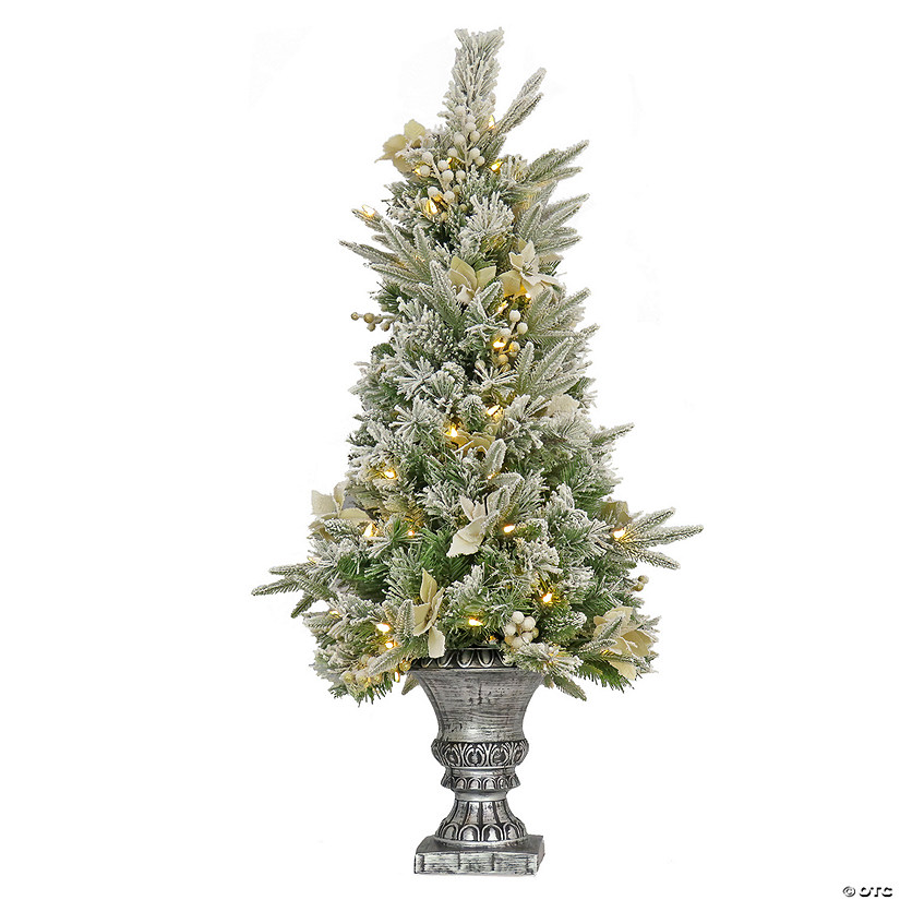 National Tree Company 4 ft. Artificial Frosted Colonial Fir Entrance Christmas Tree with Berries and Poinsettia Flowers, Pre-Lit with Warm White LED Lights, Plug In Image