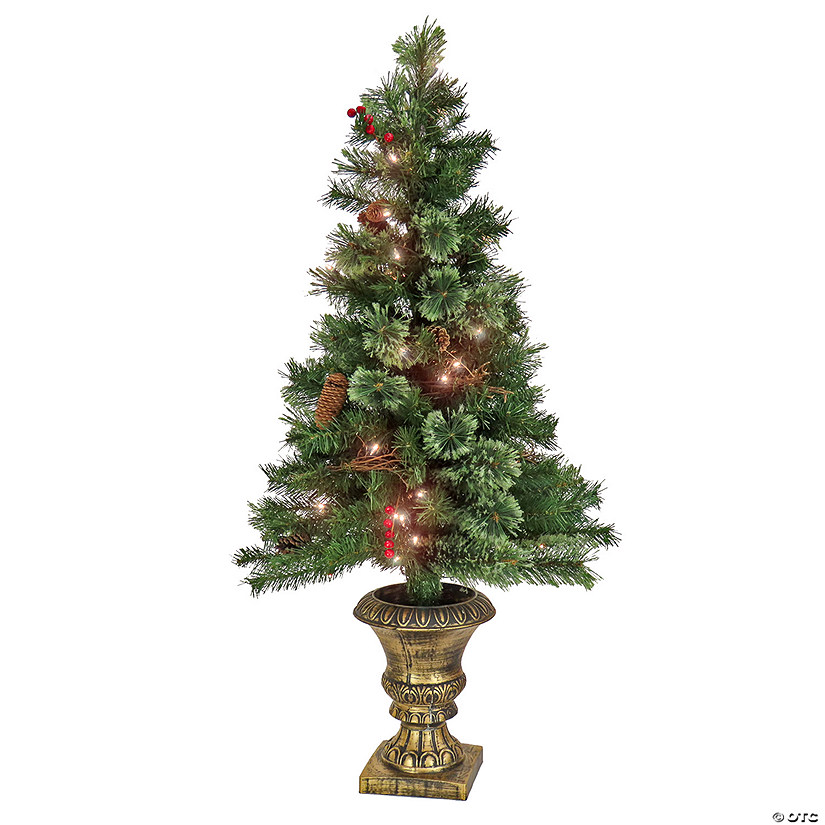 National Tree Company 4 ft. Artificial Glistening Pine Entrance Christmas Tree with Red Berries and Pinecones, Pre-Lit with Clear Incandescent Lights, Plug In Image