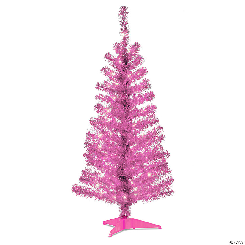 National Tree Company 4 ft. Pink Tinsel Tree with Clear Lights Image