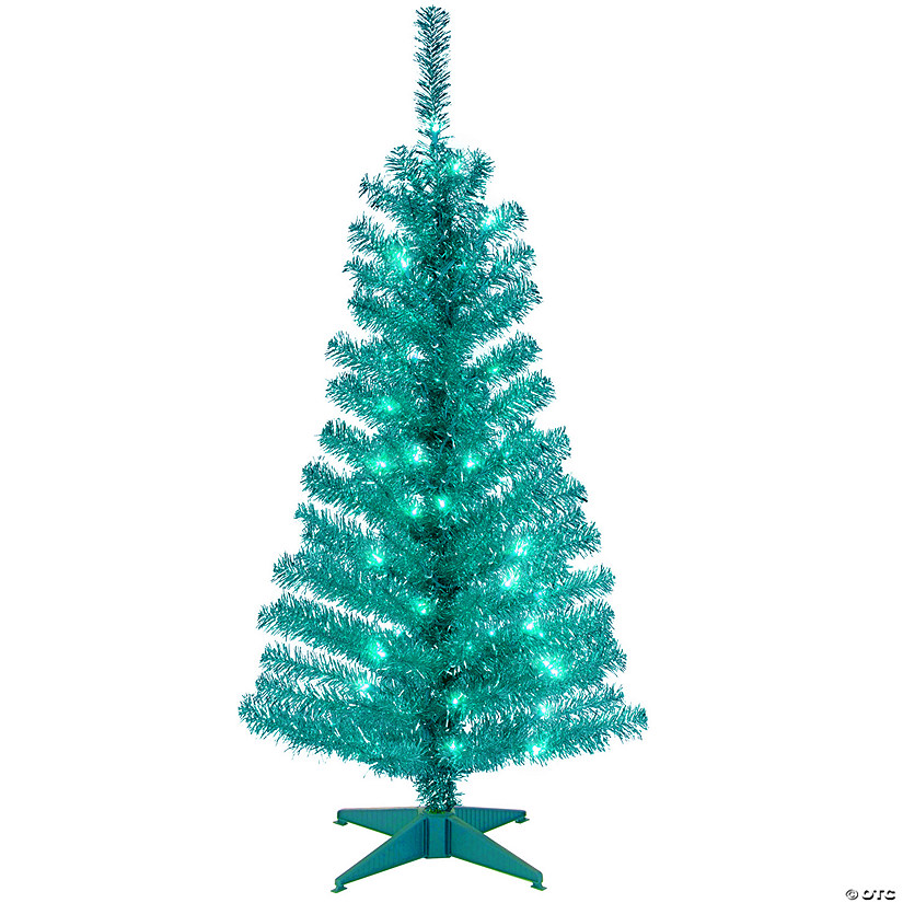 National Tree Company 4 ft. Turquoise Tinsel Tree with Clear Lights Image