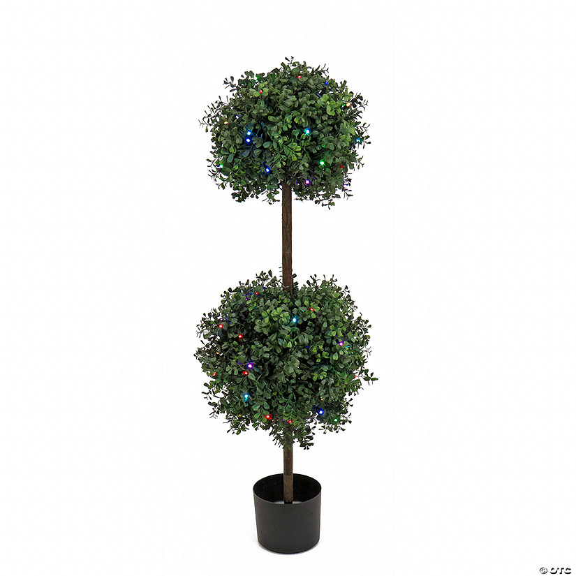 National Tree Company 46" Boxwood Double Ball Topiary in Black Plastic Nursery Pot with 100 RGB LED Lights- UL- A/C Image