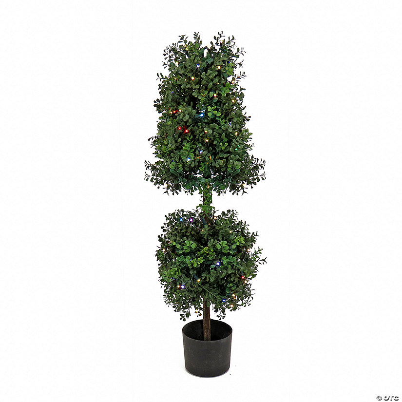 National Tree Company 48" Boxwood Cone and Ball Topiary in Black Plastic Nursery Pot with 150 RGB LED Lights- UL- A/C Image