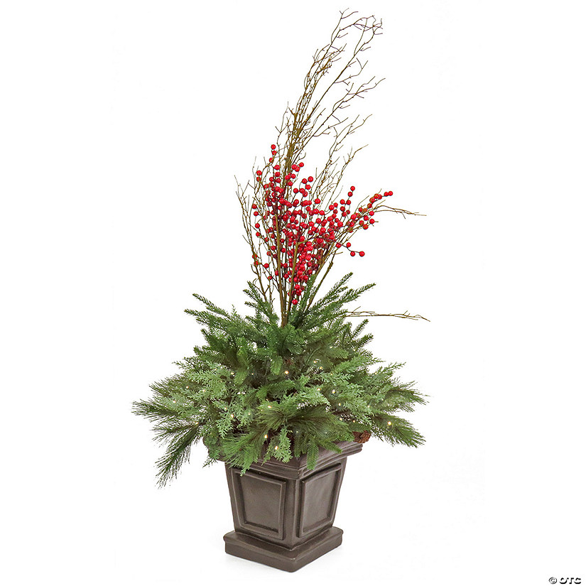National Tree Company 48" Pre Lit Artificial Shrub, Evergreen, Decorated with Red Berries, Pine Cones, Warm White LED Lights, Includes Stylish Brown Base, Battery Powered Image