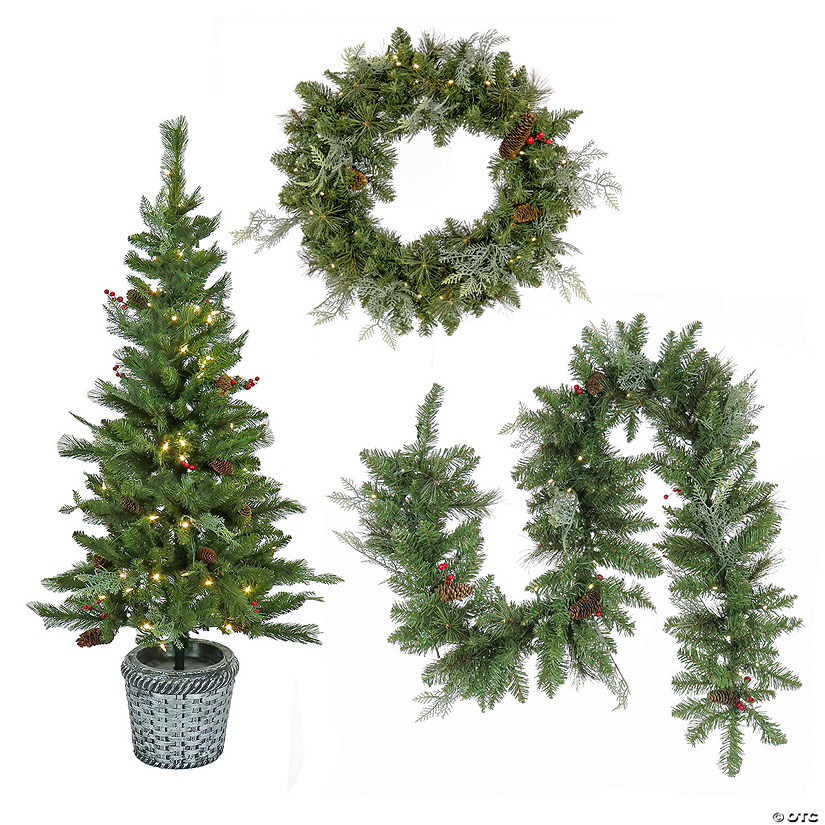 National Tree Company Artificial Buzzard Pine Christmas Assortment, Includes 5 ft. Decorated Entrance Tree, Wreath and Garland Pre-Lit with Warm White LED Lights, Battery Operated & Plug In Image