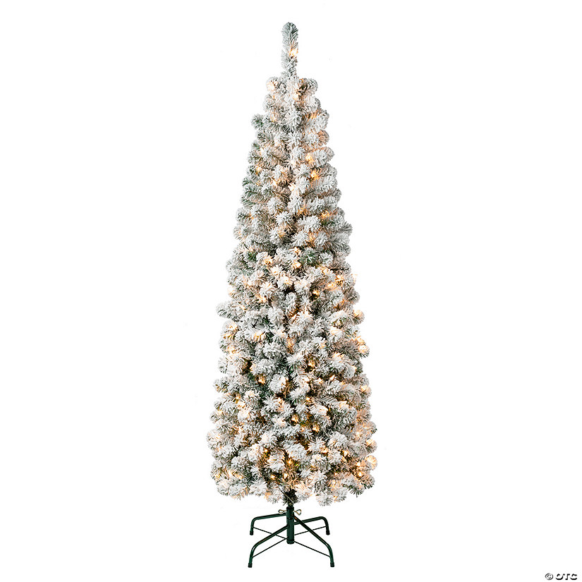 National Tree Company First Traditions 6 ft. Acacia Pencil Slim Flocked Tree with Clear Lights Image