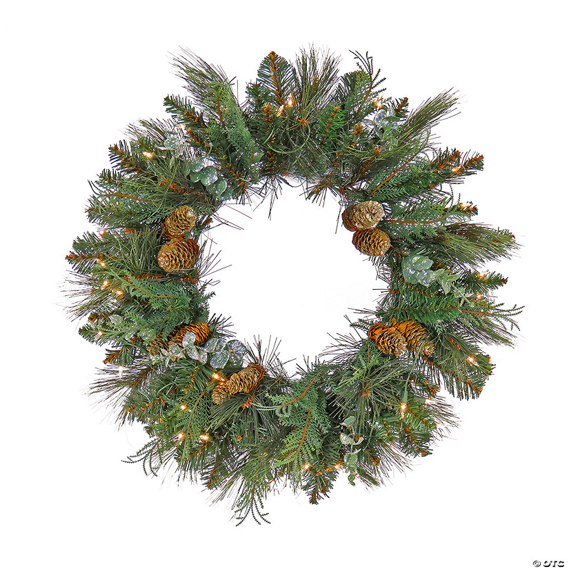 National Tree Company, First Traditions Collection, 24" Pre-Lit Artificial North Conway Wreath with Glittery Cones and Eucalyptus, 50 Warm White LED Lights- Battery Operated with Timer Image