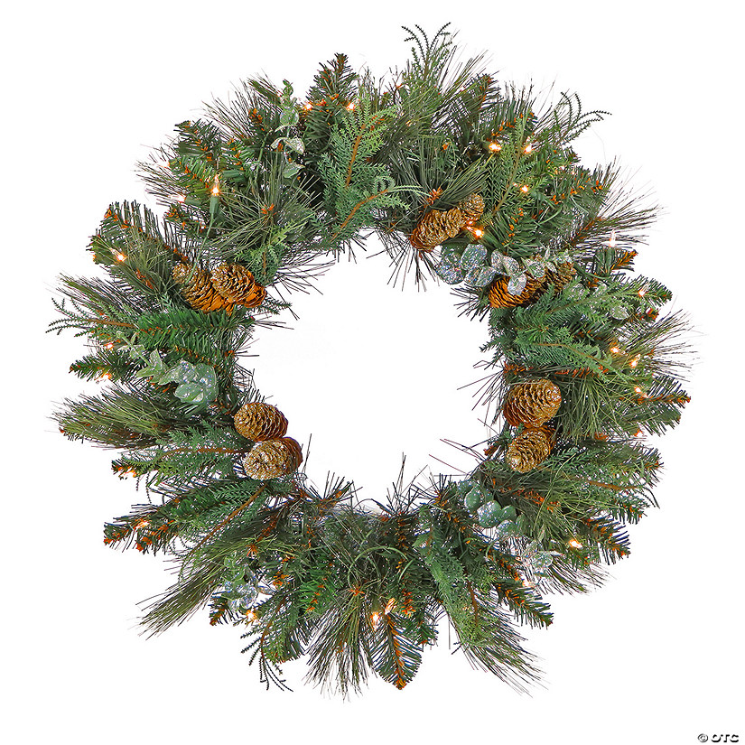 National Tree Company, First Traditions Collection, 30&quot; Pre-Lit Artificial North Conway Wreath with Glittery Cones and Eucalyptus, 100 Warm White LED Lights- Battery Operated with Timer Image