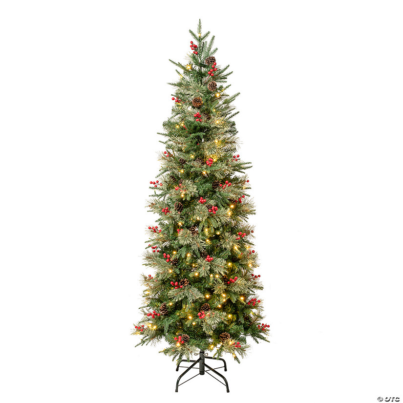 National Tree Company, First Traditions&#8482; Collection, 6 ft. Pre-lit Artificial Feel Real&#174; Virginia Pine Slim Mixed Hinged Tree with Red Berries and Pinecones, with 200 Warm White LED Lights- UL Image
