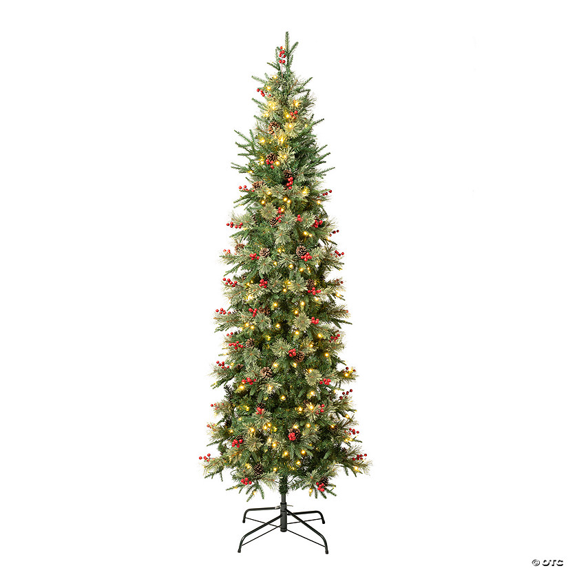 National Tree Company, First Traditions&#8482; Collection, 7.5ft Pre-lit Artificial Feel Real&#174; Virginia Pine Slim Mixed Hinged Tree with Berries and Pinecones, with 260 Warm White LED Lights- UL Image