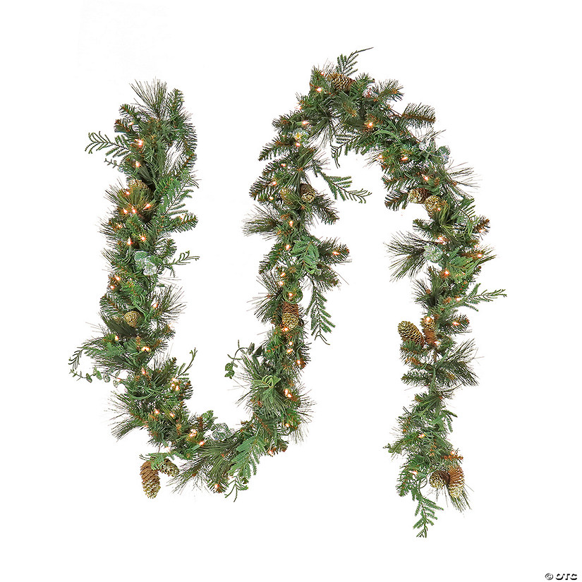 National Tree Company, First Traditions&#8482; Collection, 9 ft. Pre-Lit Artificial North Conway Garland with Glittery Cones and Eucalyptus, 100 Warm White LED Lights- Battery Operated with Timer Image