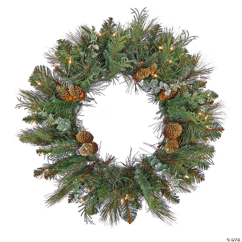 National Tree Company National Tree Company, First Traditions Collection, 30" Pre-Lit Artificial North Conway Wreath with Glittery Cones and Eucalyptus, 100 Warm White LED Lights- Battery Operated with Timer Image
