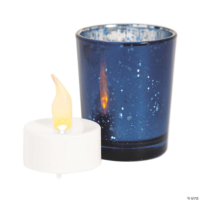 Navy Blue Mercury Glass Votive Candle Holders with Battery-Operated Candles - 24 Pc. Image