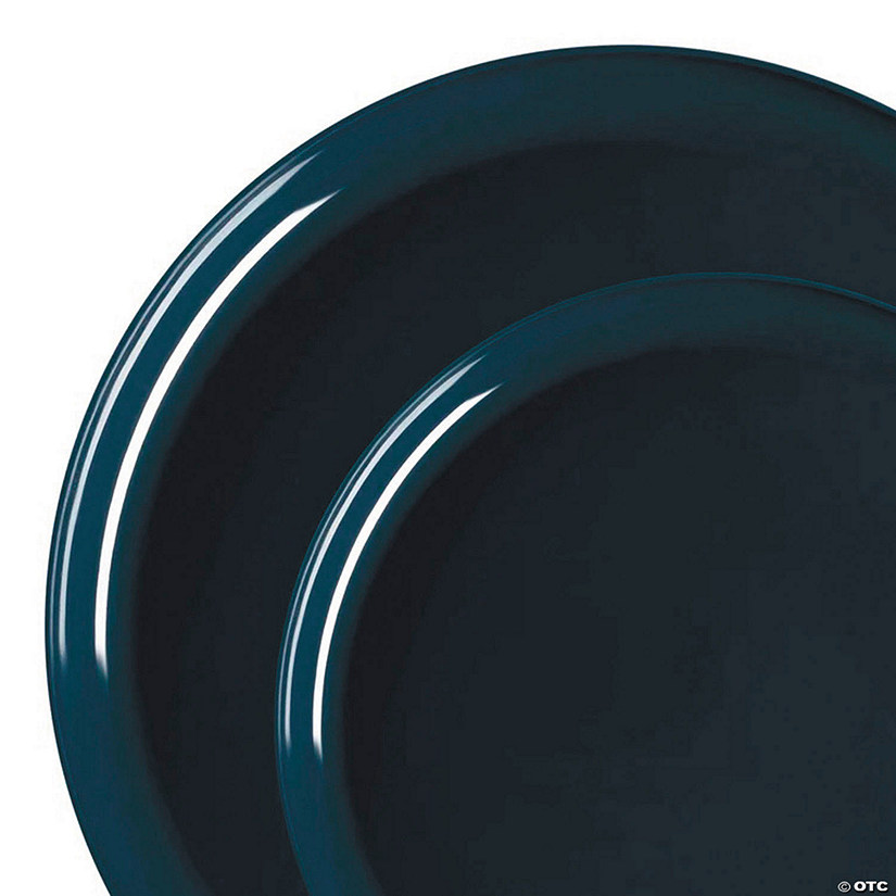 Navy Flat Round Disposable Plastic Dinnerware Value Set - 20 Dinner Plates + 20 Salad Plates Image