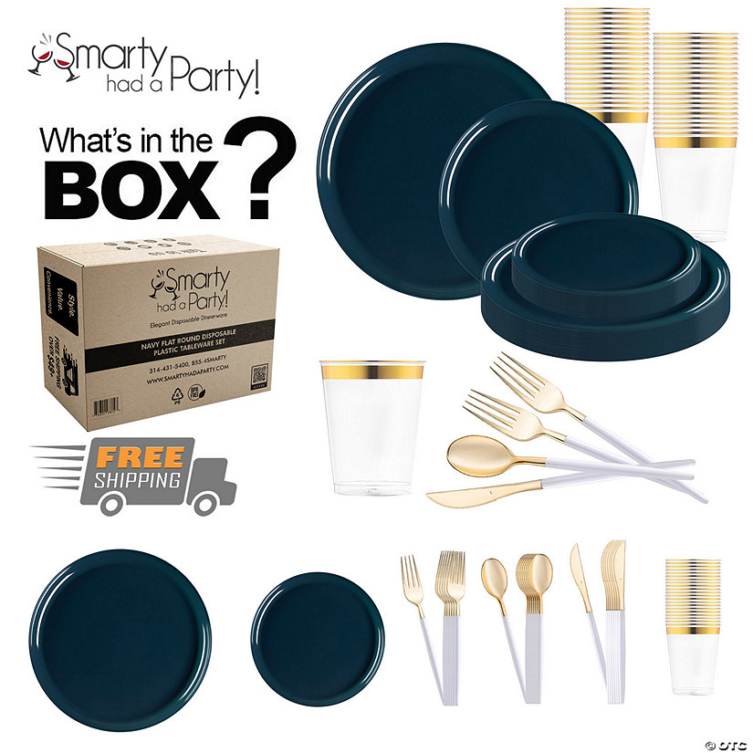 Navy Flat Round Disposable Plastic Tableware Set - 60 Settings Image