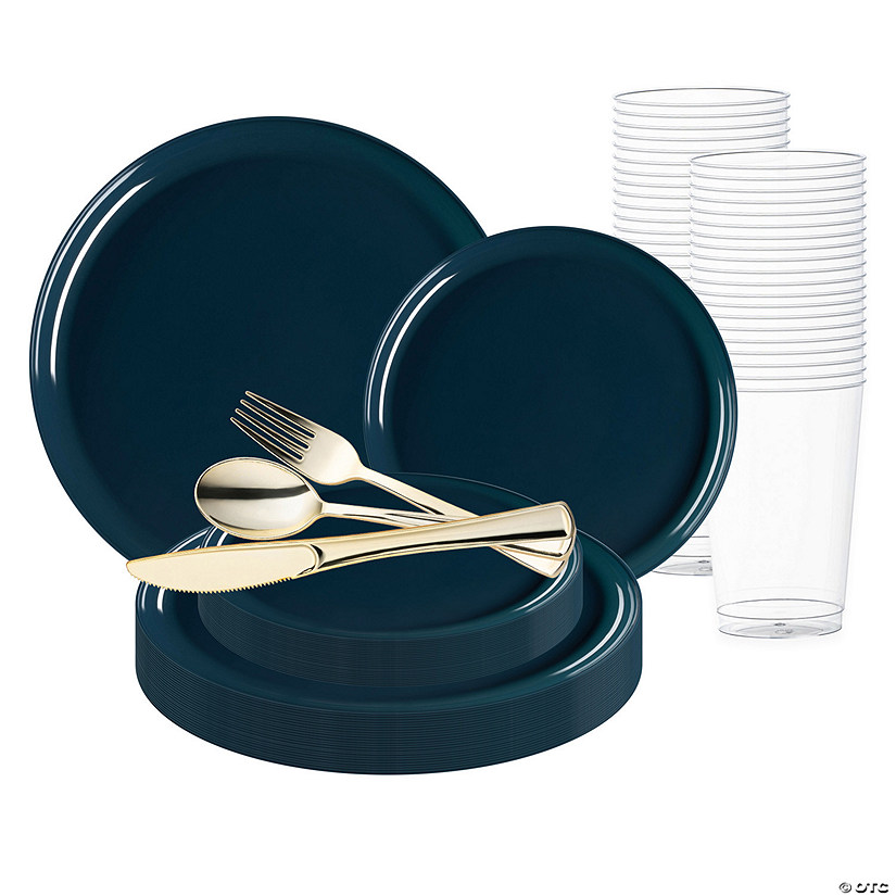 Navy Flat Round Disposable Plastic Wedding Value Set - 60 Settings Image