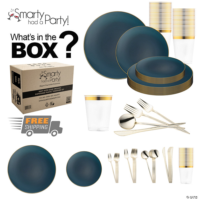 Navy with Gold Organic Disposable Plastic Tableware Set - 60 Settings Image