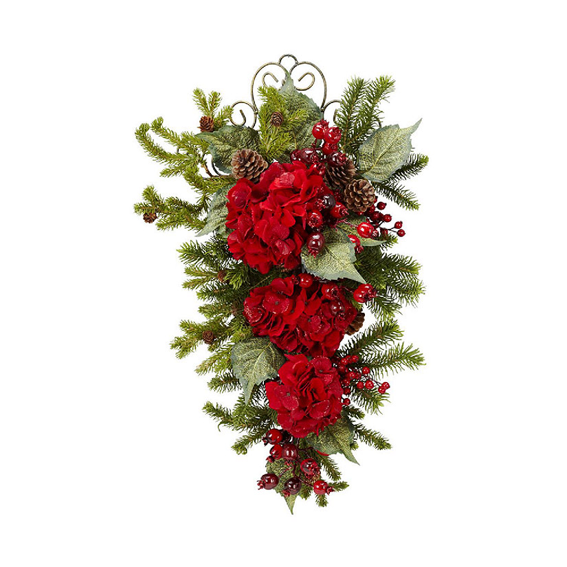Nearly Natural Modern Decorative 27" Christmas Hydrangea Teardrop Red Image