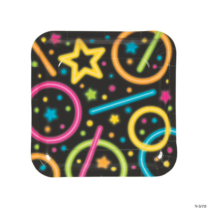 Neon Glow Party Rings & Stars Square Paper Dinner Plates - 8 Ct. Image