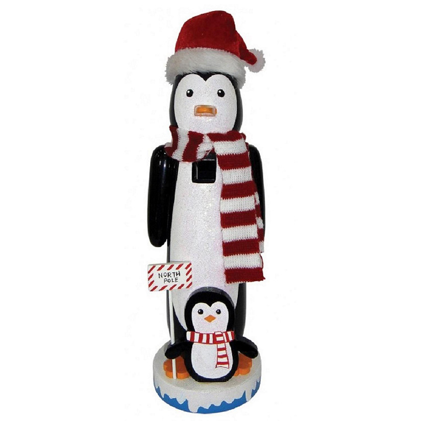 North Pole Penguins Wearing Scarfs Wood Christmas Nutcracker 14 Inch Decoration Image