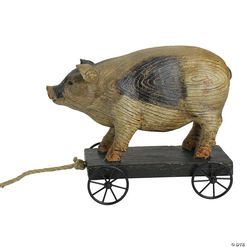 Northlight 10" Black and White Wood Textured Pig on Cart Outdoor Garden Statue Image