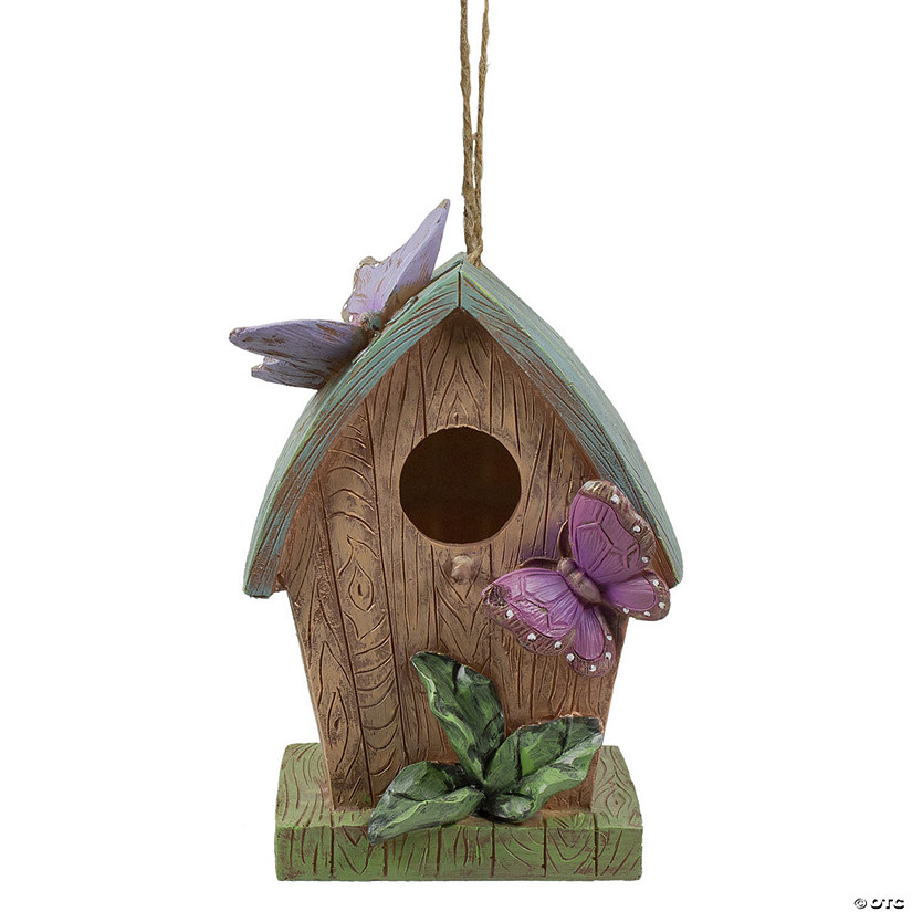 Northlight 10" Brown and Green Hanging Birdhouse with Butterflies Outdoor Garden Decor Image