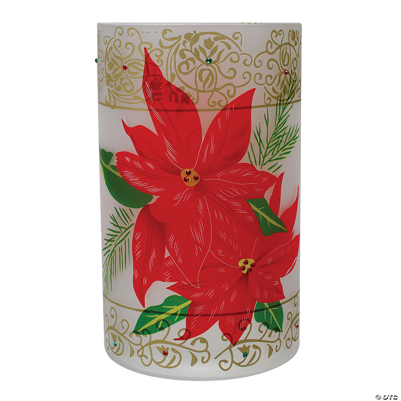 Northlight 10" Hand-Painted Red Poinsettias and Gold Flameless Glass Christmas Candle Holder Image
