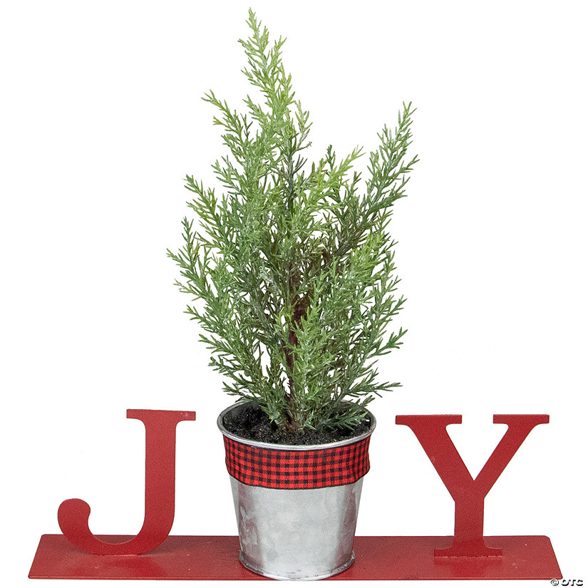 Northlight 10" Red "JOY" Potted Faux Pine in Metal Planter Christmas Tabletop Plaque Image