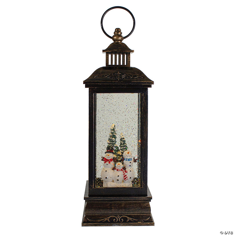 Northlight 11" Black with Brushed Gold LED Snowman Family Christmas Lantern Snow Globe Image