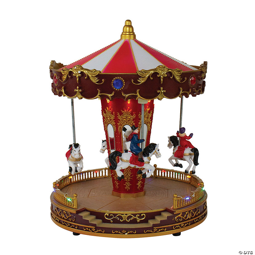 Northlight - 11" Red and White LED Lighted and Animated Christmas Carousel with Horses Image