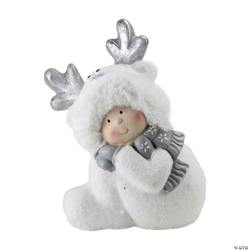 Northlight 12.5" White and Gray Smiling Child with Reindeer Snow Suit Christmas Tabletop Decor Image