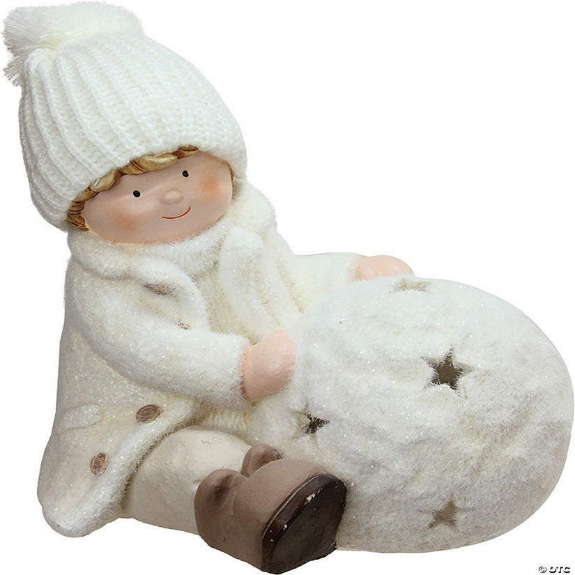 Northlight 12.5" White Christmas Snowball with Sitting Boy Tealight Candle Holder Image
