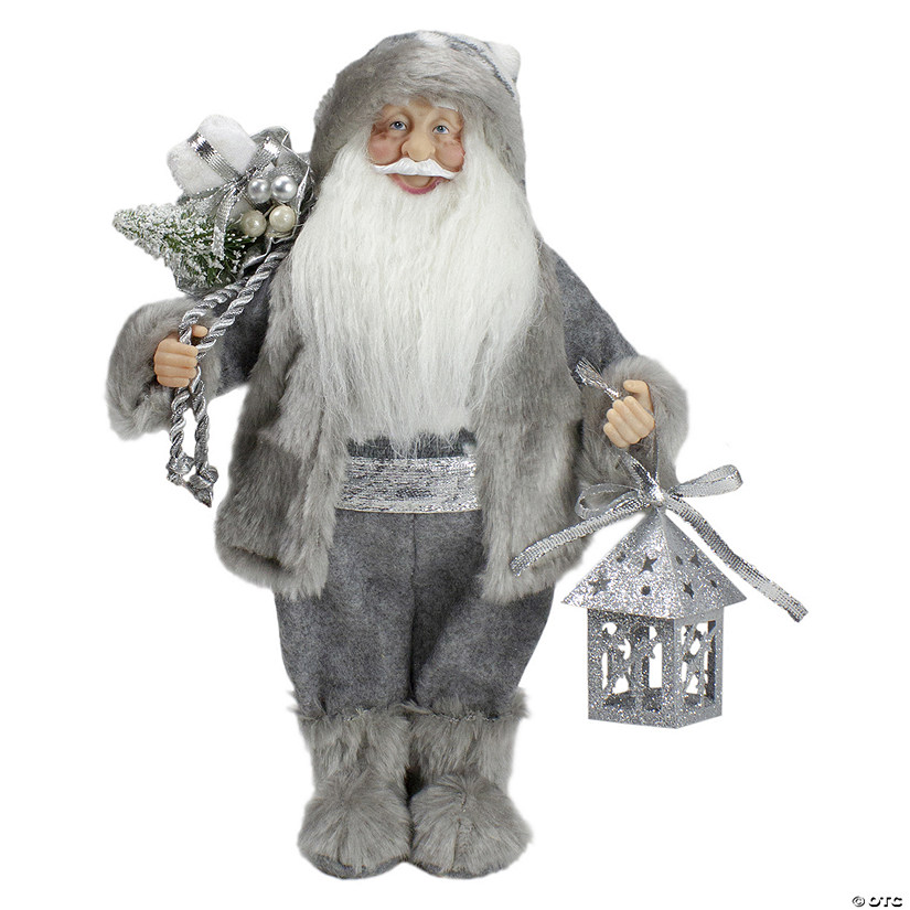 Northlight 12" Gray and White Standing Santa Claus Christmas Figurine with Bag and Lantern Image